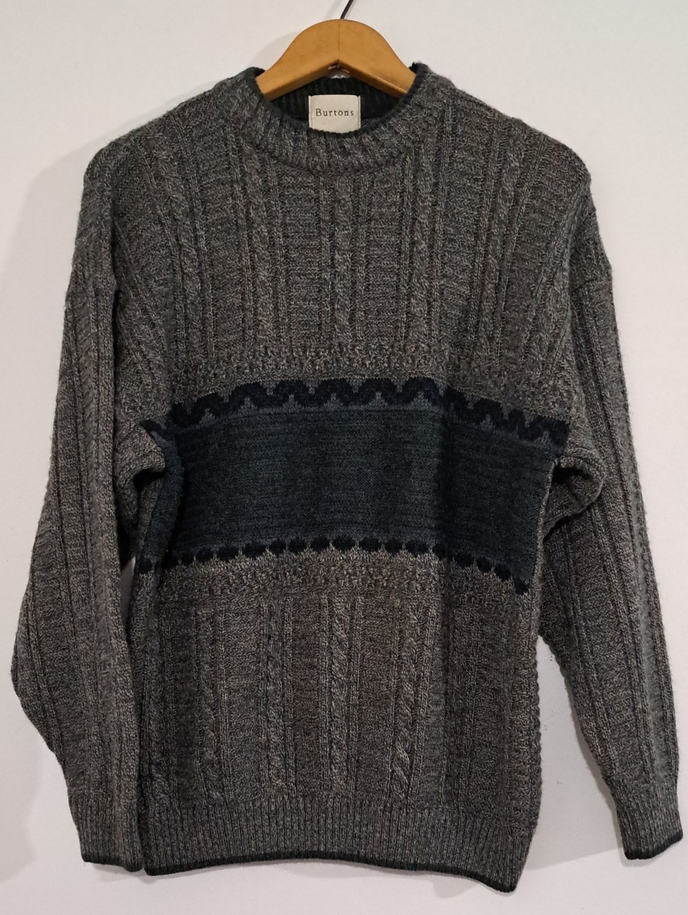 Burton Men's Grey Cable Knit Crewneck Sweater with Dark Charcoal Band Wool Blend